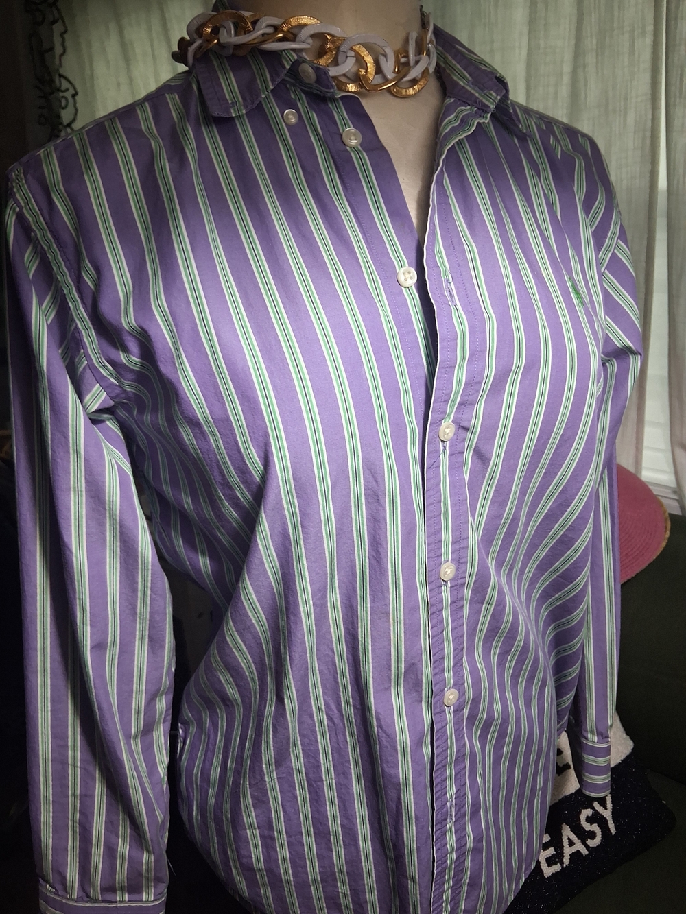 Ralph Lauren Purple Shirt with Green and White Stripes Jr L (14-16)